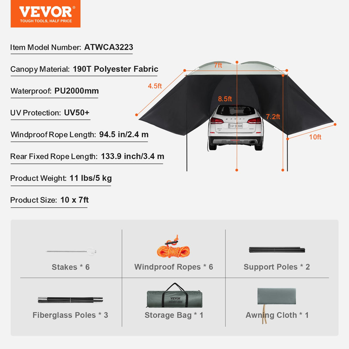 VEVOR Vehicle Awning, Large 10' x 7' Shade Coverage Car Side Awning, PU2000mm UV50+ Car Awning with Extended Side Canopies and Portable Storage Bag,