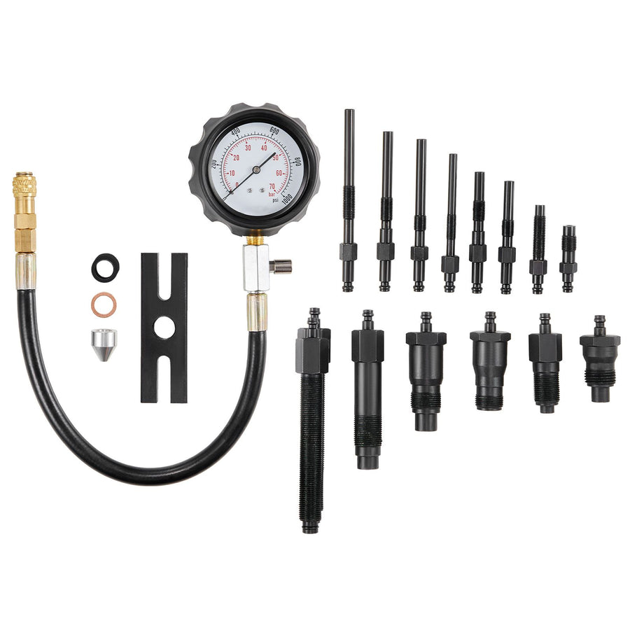 Diesel Engine Compression Tester, 18 pcs Cylinder Pressure Test Tool Kit, with 0-1000 psi Gauge and Adapters, Diesel Injector Tester Check Cylinders in Diesel Trucks, Tractors, Equipment