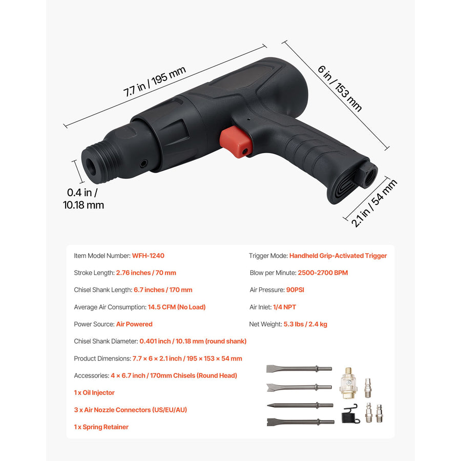 Air Hammer, 2500-2700BPM Pneumatic Hammer with 70mm Stroke & 4PCS 170mm Long Barrel Chisels, Pistol-Grip Compact Air Chisel Pneumatic Shovel Tool for Cutting Scraping Demolishing