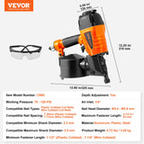 VEVOR CN65 Coil Siding Nailer 32mm to 63mm 15 Degree Pneumatic Nail Gun - Close-Up Angle