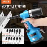 VEVOR Pneumatic Air Riveter Heavy Duty Rivet Gun Tool Kit 13 Size Nose Pieces - Front View