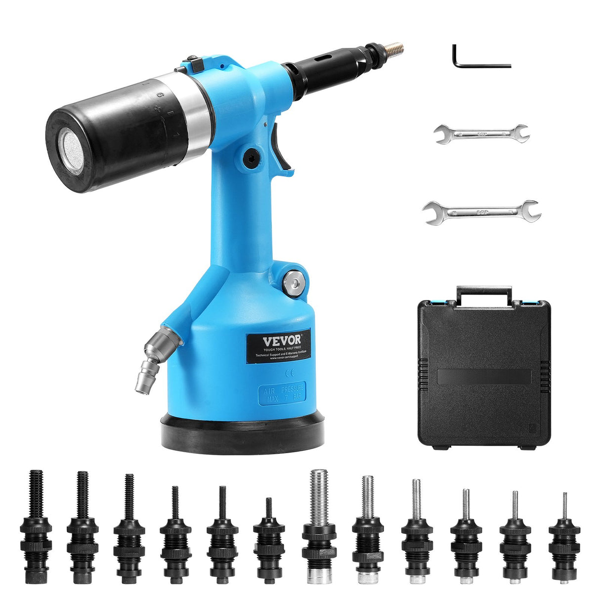 VEVOR Pneumatic Air Riveter Heavy Duty Rivet Gun Tool Kit 13 Size Nose Pieces