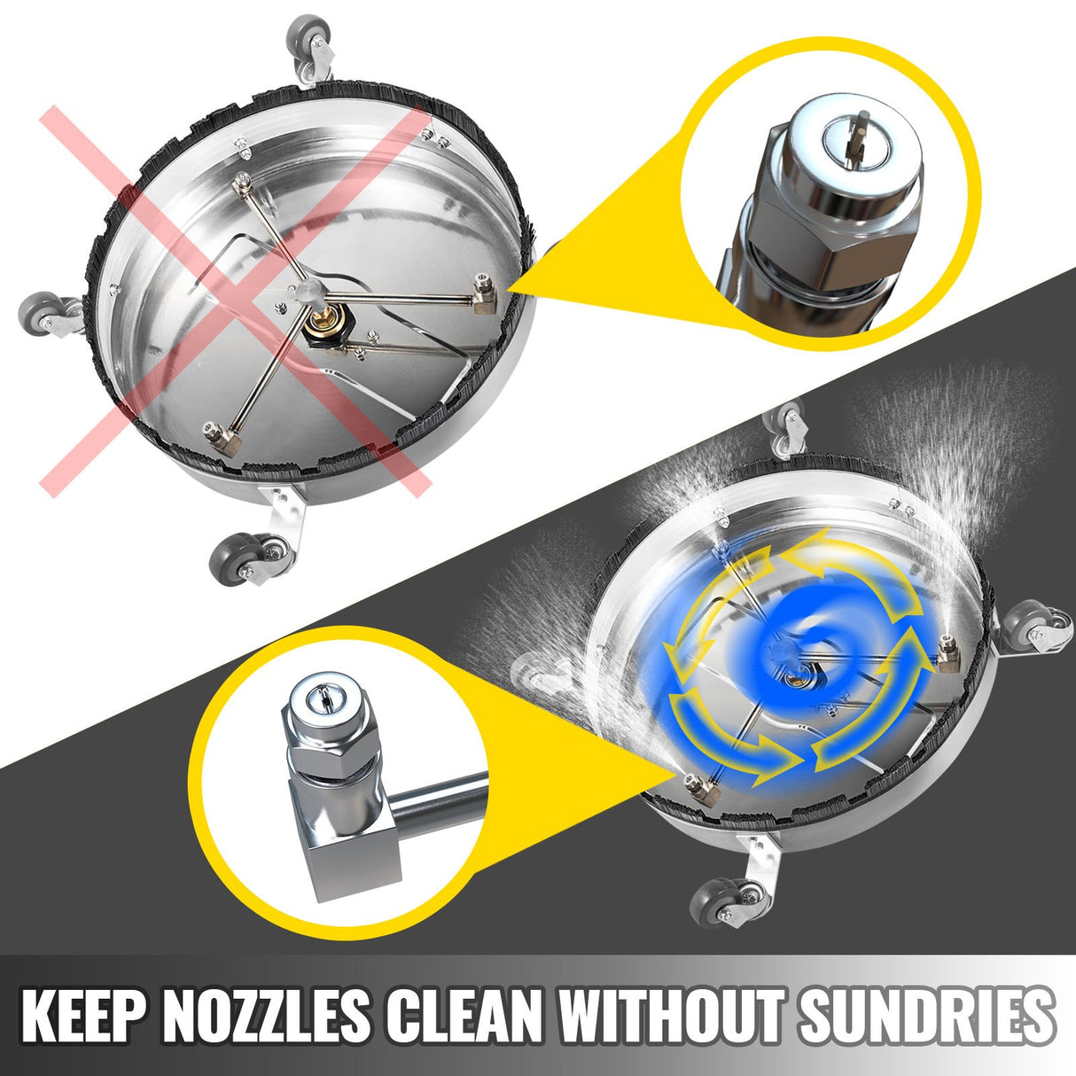 VEVOR Surface Cleaner 20 inch Flat Surface Cleaner for Pressure Washer 4000psi Pressure with 3/8 Quick Connector Surface Cleaner W/ Casters 10.5GPM Stainless Steel Rotating Rod & 3 Nozzle for Patio