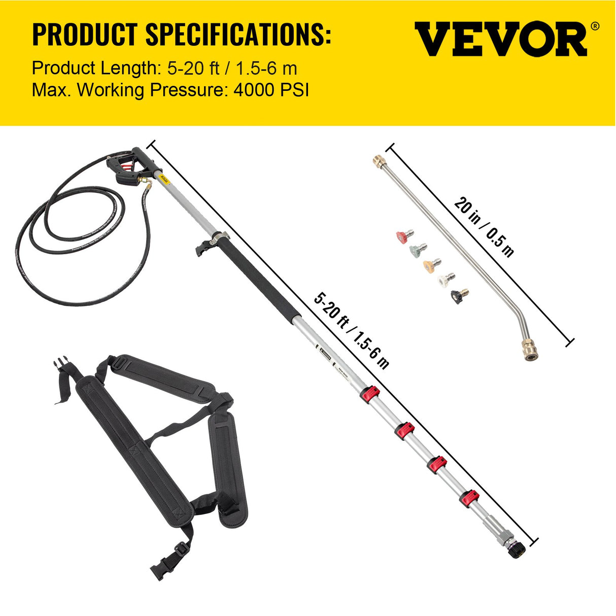 VEVOR Telescoping Pressure Washer Wand, 20 ft 5-Section Length Adjustable, Max. 4000 PSI Fit for 3/8'' Quick Connection, 5 Spray Nozzles, Belt, for
