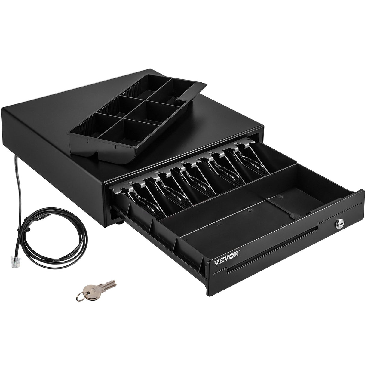VEVOR Cash Register Drawer, 16" 12 V, for POS System with 5 Bill 6 Coin Cash Tray, Removable Coin Compartment & 2 Keys Included, RJ11/RJ12 Cable for