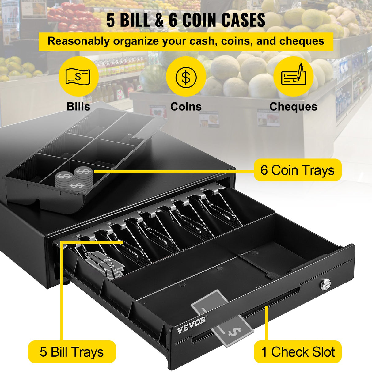 VEVOR Cash Register Drawer, 16" 12 V, for POS System with 5 Bill 6 Coin Cash Tray, Removable Coin Compartment & 2 Keys Included, RJ11/RJ12 Cable for