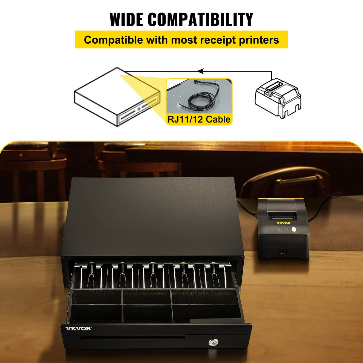 VEVOR Cash Register Drawer, 16" 12 V, for POS System with 5 Bill 6 Coin Cash Tray, Removable Coin Compartment & 2 Keys Included, RJ11/RJ12 Cable for