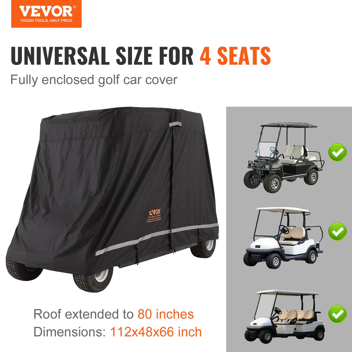 VEVOR 4 Passenger Golf Cart Cover, 600D Polyester Full Cover, Universal Fits for Most Brand Club Car Covers, Waterproof, Sunproof, and Dustproof