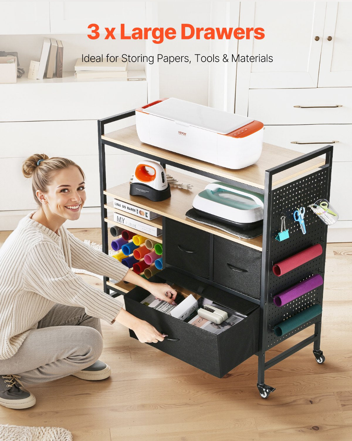 Rolling Craft Cart and Storage Table with 20 Vinyl Roll Holders 3 Drawers Black