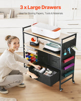 Rolling Craft Cart and Storage Table with 20 Vinyl Roll Holders 3 Drawers Black