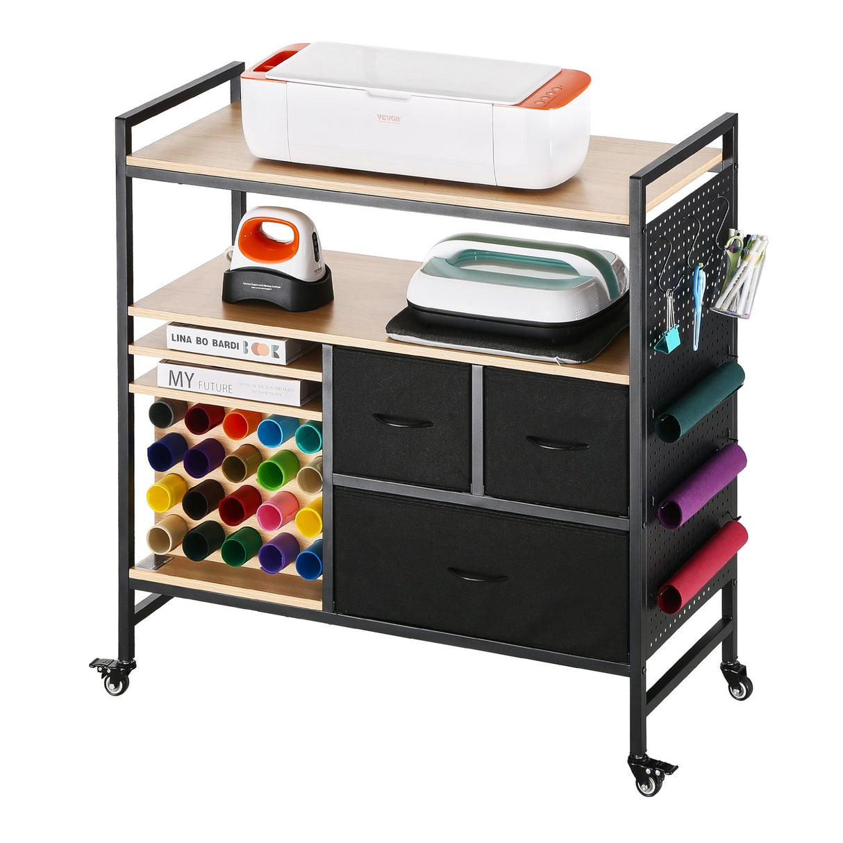Rolling Craft Cart and Storage Table with 20 Vinyl Roll Holders 3 Drawers Black