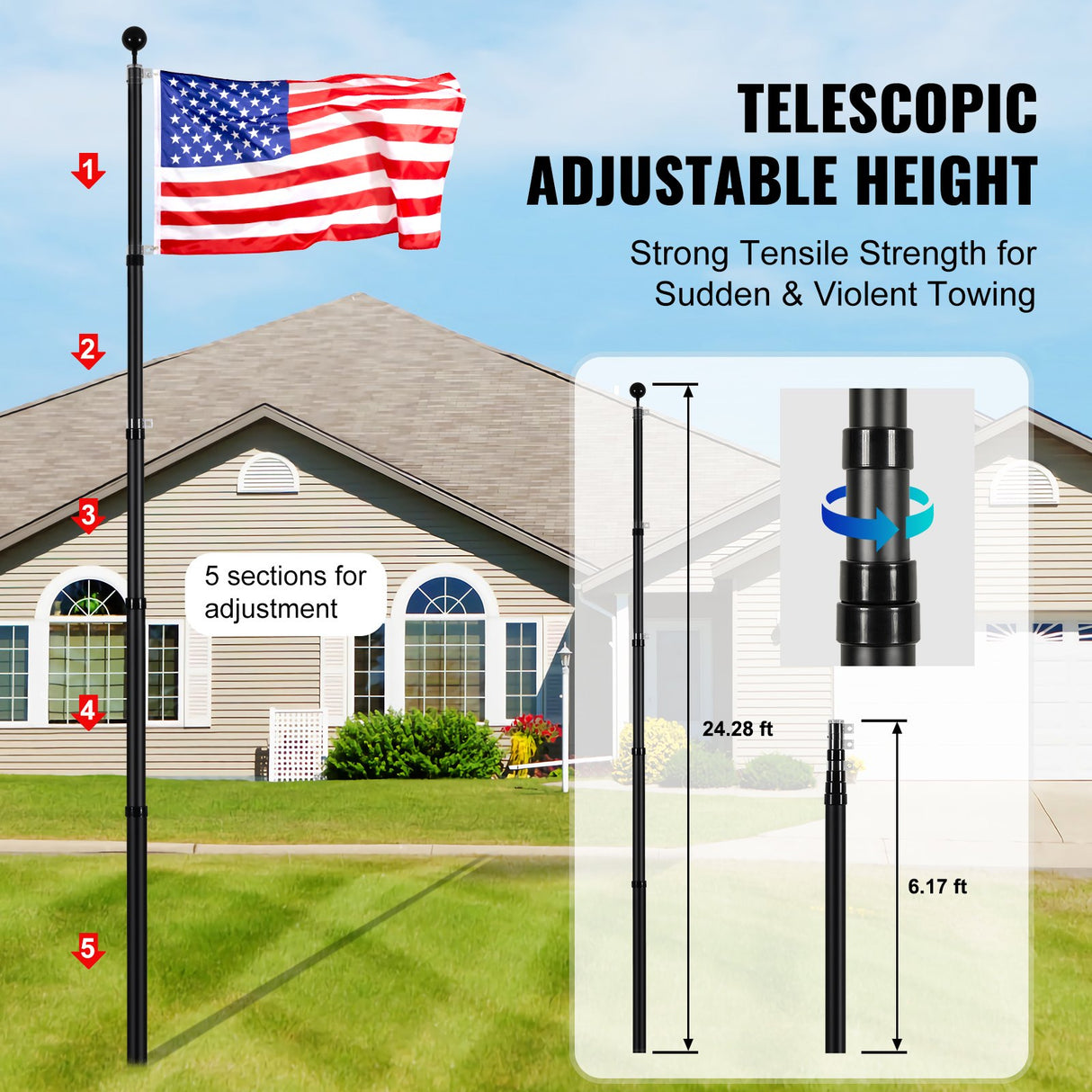 VEVOR 25FT Telescopic Flagpole Kit, Heavy Duty Aluminum Alloy Flag Pole Kit in Ground for Outside, 3 Display Modes Flagpole with Professional
