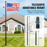 VEVOR 25FT Telescopic Flagpole Kit, Heavy Duty Aluminum Alloy Flag Pole Kit in Ground for Outside, 3 Display Modes Flagpole with Professional Accessories, Black - Side View