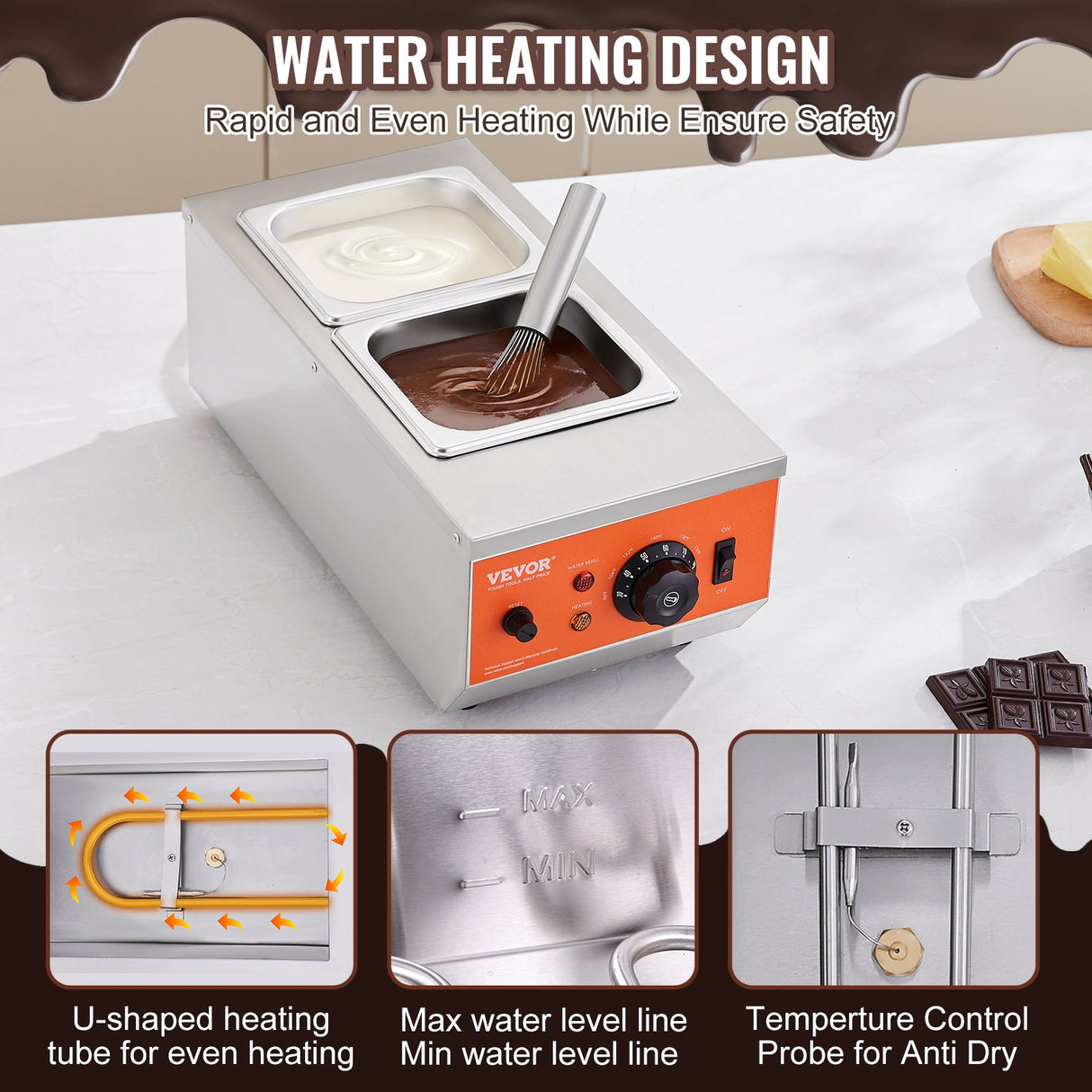 VEVOR Chocolate Tempering Machine, 2 Tanks Chocolate Melting Pot with TEMP Control, 800W Stainless S