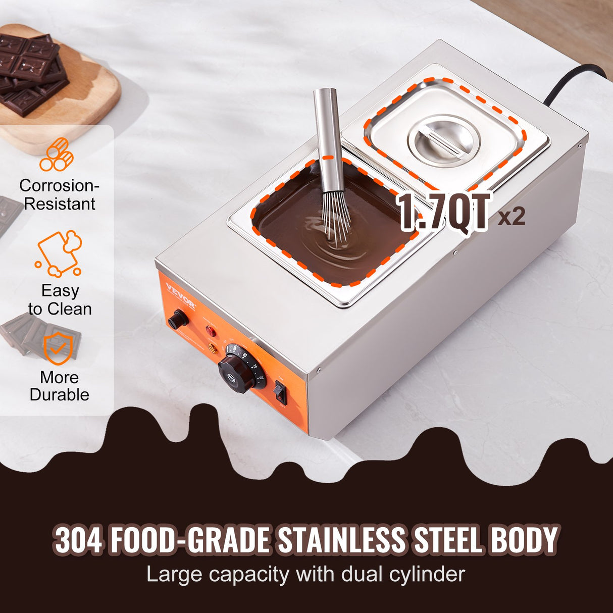 VEVOR Chocolate Tempering Machine, 2 Tanks Chocolate Melting Pot with TEMP Control, 800W Stainless S