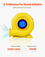 VEVOR Inflatable Bounce House Blower 0.8&1HP 750W for Commercial Bounce House - Side View