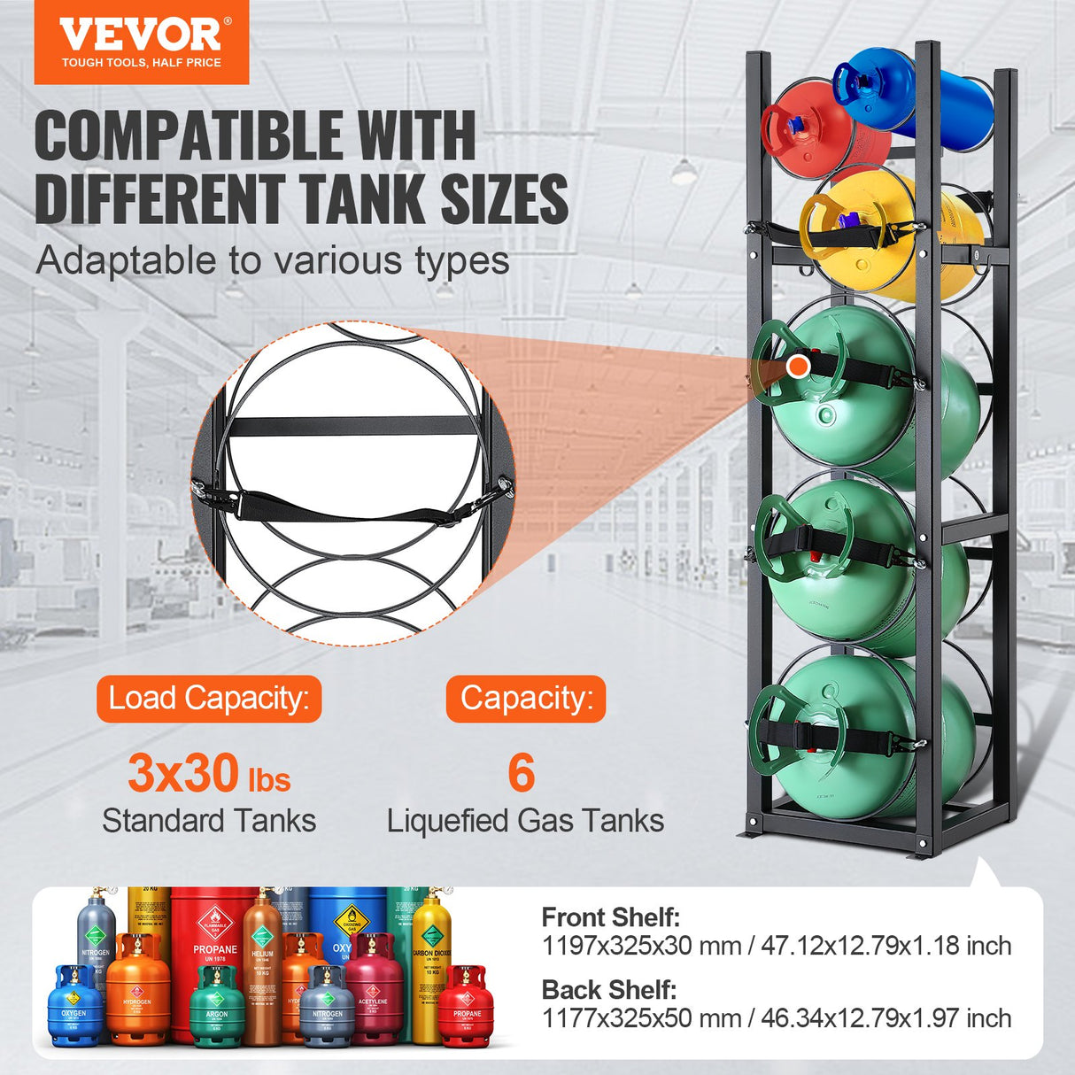 VEVOR Refrigerant Tank Rack, with 3 x 30lbs and Other 3 Small Bottle Tanks, Cylinder Tank Rack 12.79x12.99x47.12 in, Refrigerant Cylinder Rack and
