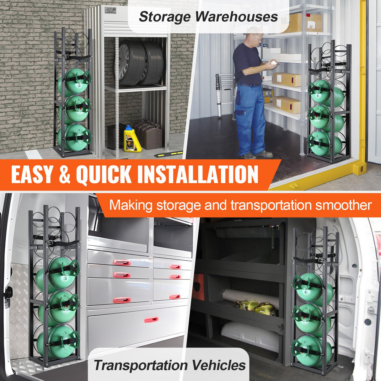 VEVOR Refrigerant Tank Rack, with 3 x 30lbs and Other 3 Small Bottle Tanks, Cylinder Tank Rack 12.79x12.99x47.12 in, Refrigerant Cylinder Rack and
