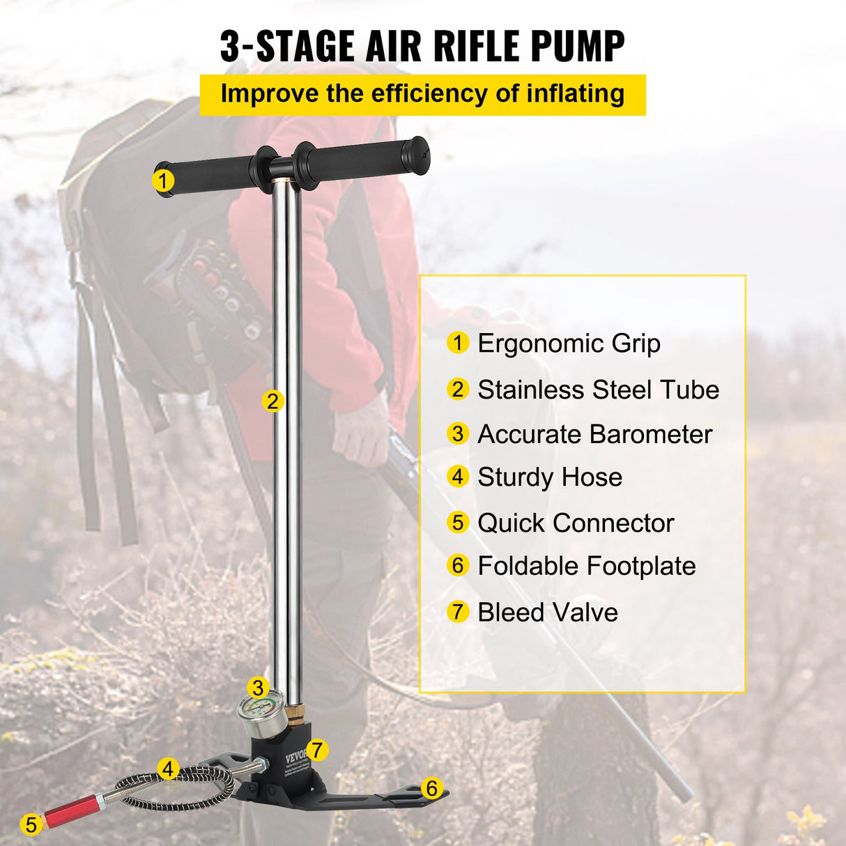 VEVOR High Pressure Hand Pump 3 Stage up to 4500 psi PCP Pump Safe and Convenient Airgun PCP Pump High Pressure Hand Pump for High Pressure Tires and