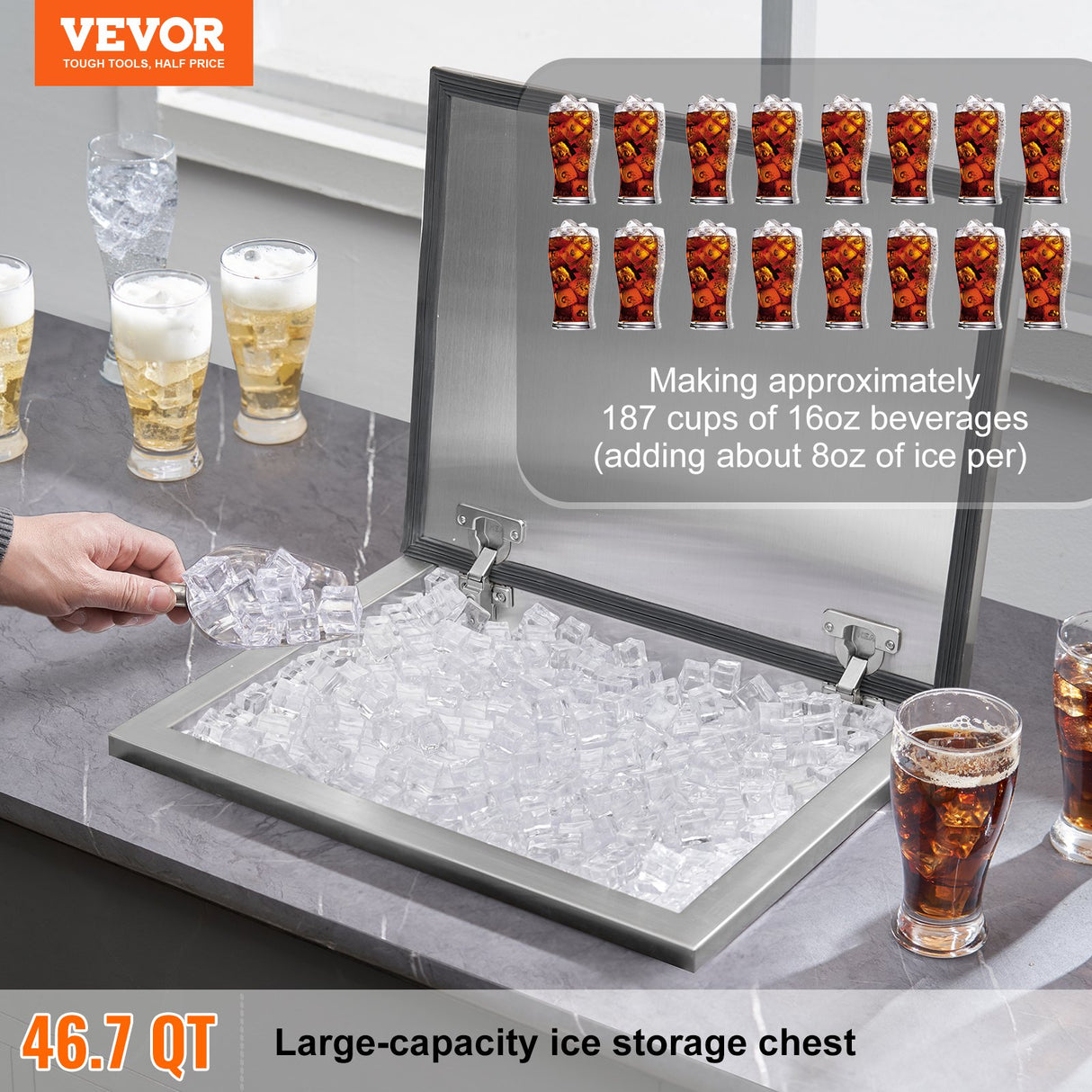 VEVOR Drop in Ice Chest, 20"L x 16"W x 13"H Stainless Steel Ice Cooler, Commercial Ice Bin with Hinged Cover, 40 qt Outdoor Kitchen Ice Bar, Drain-