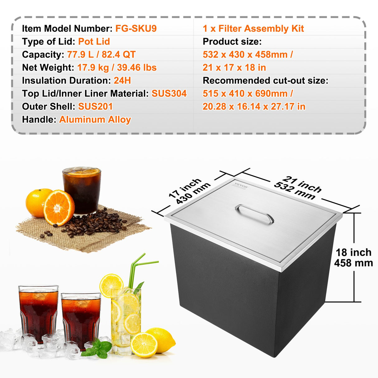 VEVOR Drop in Ice Chest, 21"L x 17"W x 18"H Stainless Steel Ice Cooler, Commercial Ice Bin with Cover, 40 qt Outdoor Kitchen Ice Bar, Drain-pipe and