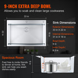 VEVOR Kitchen Sink, 304 Stainless Steel Drop-In Sinks, Top Mount Single Bowl Basin with Accessories(Pack of 3), Household Dishwasher Sinks for Workstation, RV, Prep Kitchen, and Bar Sink, 33 inch - Side View