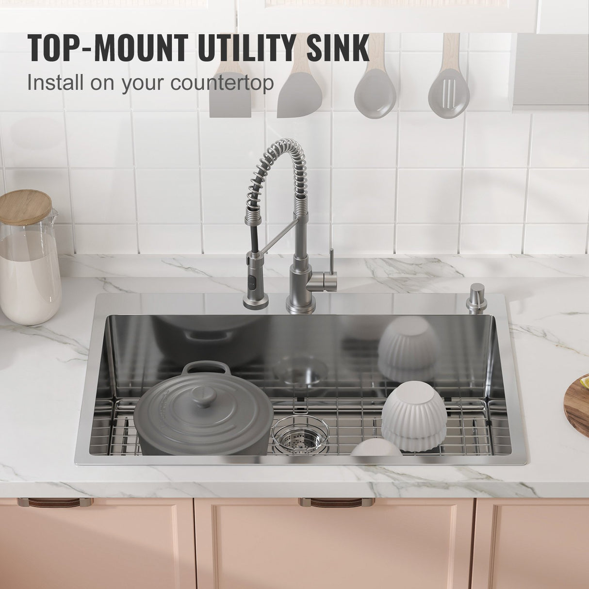 VEVOR Kitchen Sink, 304 Stainless Steel Drop-In Sinks, Top Mount Single Bowl Basin with Accessories(Pack of 3), Household Dishwasher Sinks for