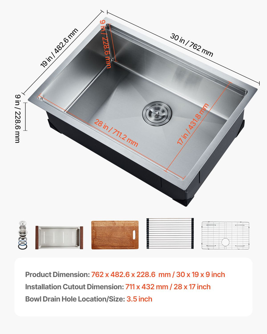 30 inch Kitchen Sink Workstation, 304 Stainless Steel Undermount Sink, Drop-In Single Bowl Farmhouse Basin with Ledge & Multiple Accessories, Household Dishwasher Sinks for RV, Prep Kitchen, Bar