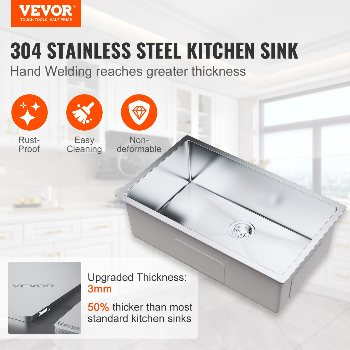 VEVOR Kitchen Sink, 304 Stainless Steel Drop-In Sinks, Undermount Single Bowl Basin with Accessories(Pack of 3), Household Dishwasher Sinks for