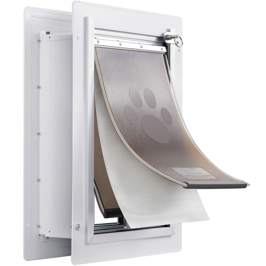 Pet Door, 31.2 x 43.5 cm Metal Frame with Lock and 3-Flap System, Weatherproof Doggy Door, Easy to Install in Interior or Exterior Walls, Pet Door Suitable for Cat Doggie Kitties (White-Medium)