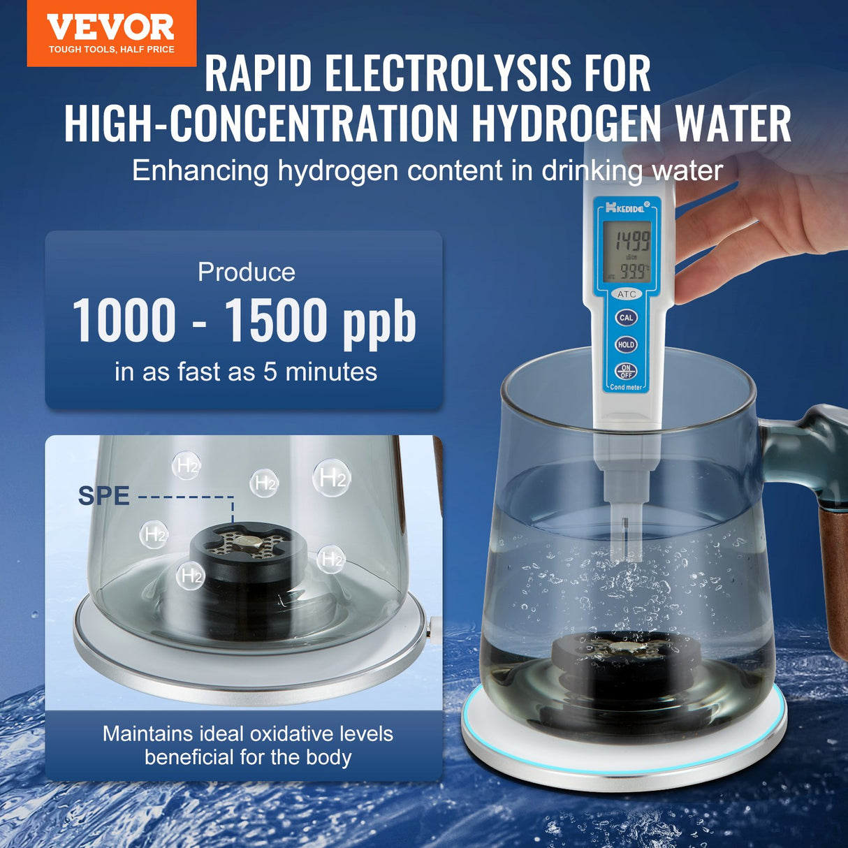 VEVOR Hydrogen Water Cup, 400 ml / 14.1 oz Hydrogen Generator, SPE Technology Portable Hydrogen Water Ionizer Machine with Wireless Charging Base,