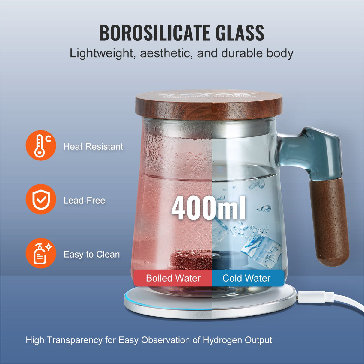 VEVOR Hydrogen Water Cup, 400 ml / 14.1 oz Hydrogen Generator, SPE Technology Portable Hydrogen Water Ionizer Machine with Wireless Charging Base,