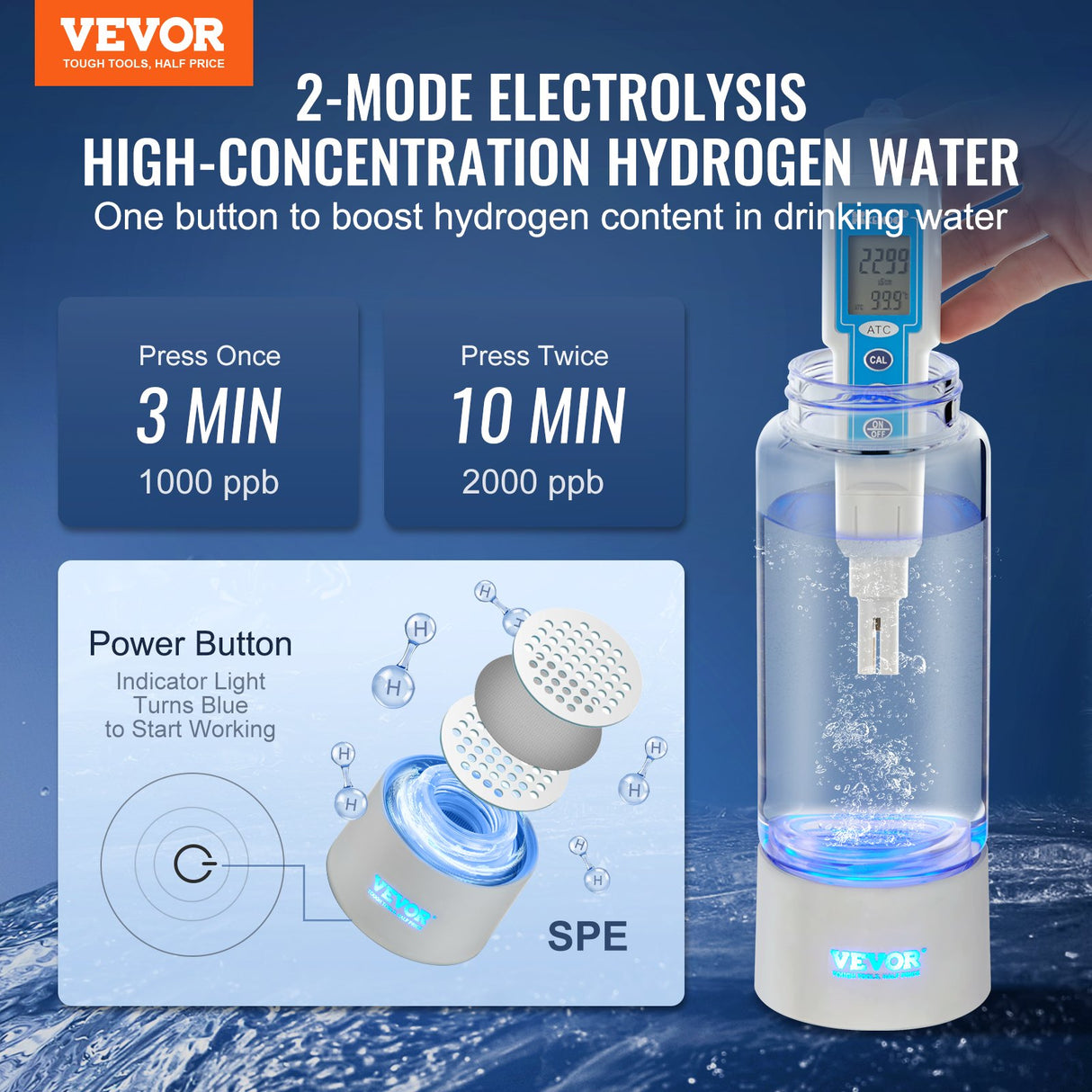 VEVOR Hydrogen Water Bottle Generator, 380 ml / 13.4 oz Capacity Portable Hydrogen Water Maker, SPE Technology Hydrogen Rich Water Ionizer Machine