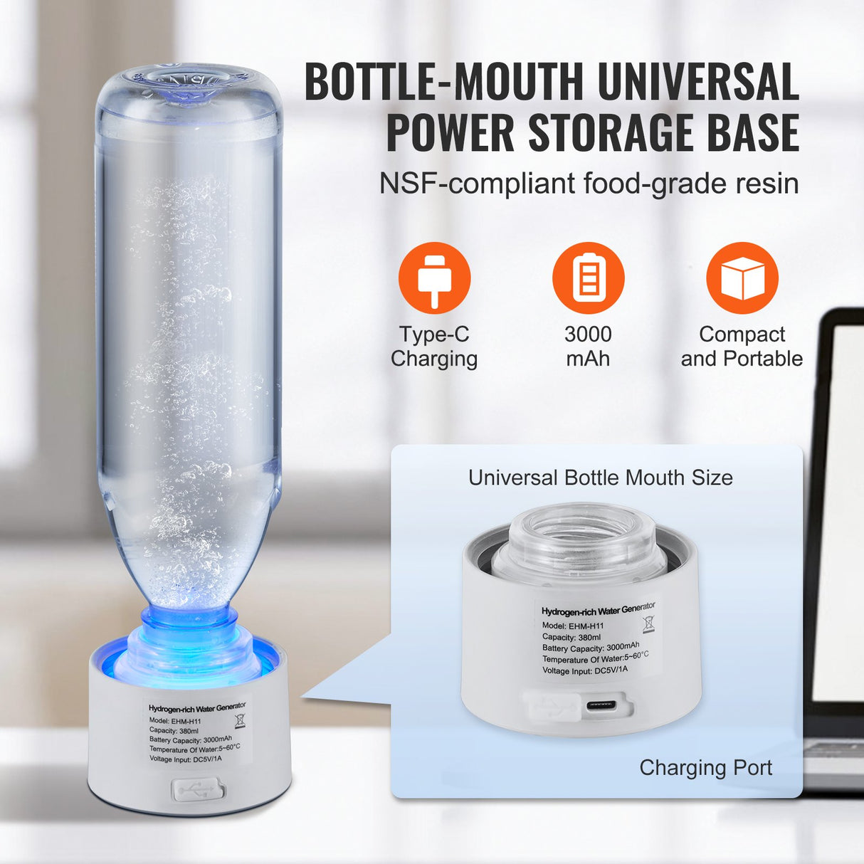 VEVOR Hydrogen Water Bottle Generator, 380 ml / 13.4 oz Capacity Portable Hydrogen Water Maker, SPE Technology Hydrogen Rich Water Ionizer Machine
