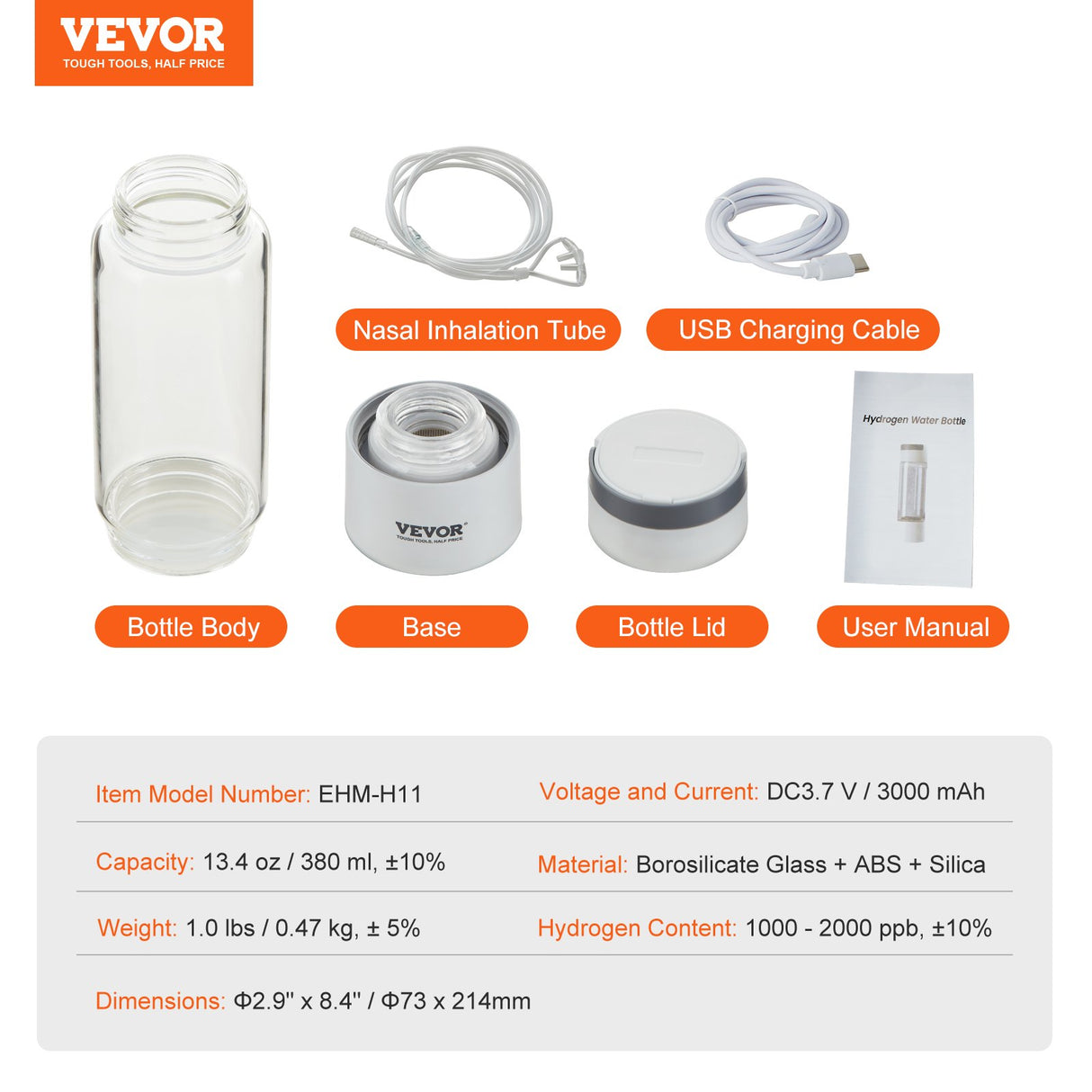 VEVOR Hydrogen Water Bottle Generator, 380 ml / 13.4 oz Capacity Portable Hydrogen Water Maker, SPE Technology Hydrogen Rich Water Ionizer Machine