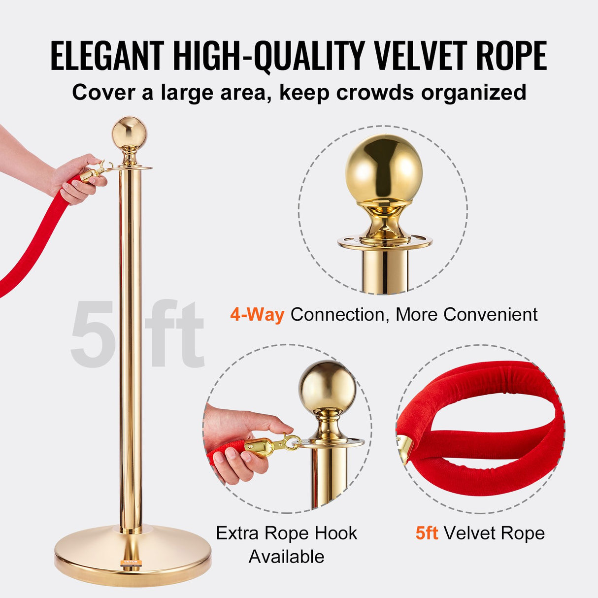 VEVOR Stanchion Post with Velvet Rope, 4-Pack Crowd Control Stanchion with 3PCS 5FT Red Velvet Ropes, Stainless Steel Queue Barrier Line Divider with
