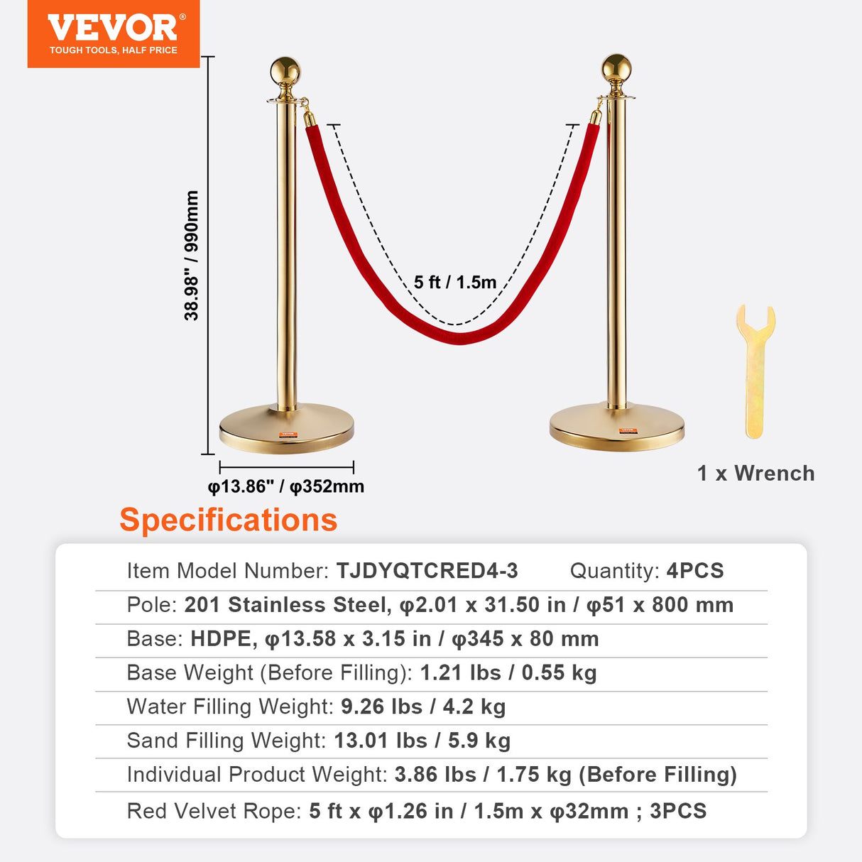VEVOR Stanchion Post with Velvet Rope, 4-Pack Crowd Control Stanchion with 3PCS 5FT Red Velvet Ropes, Stainless Steel Queue Barrier Line Divider with