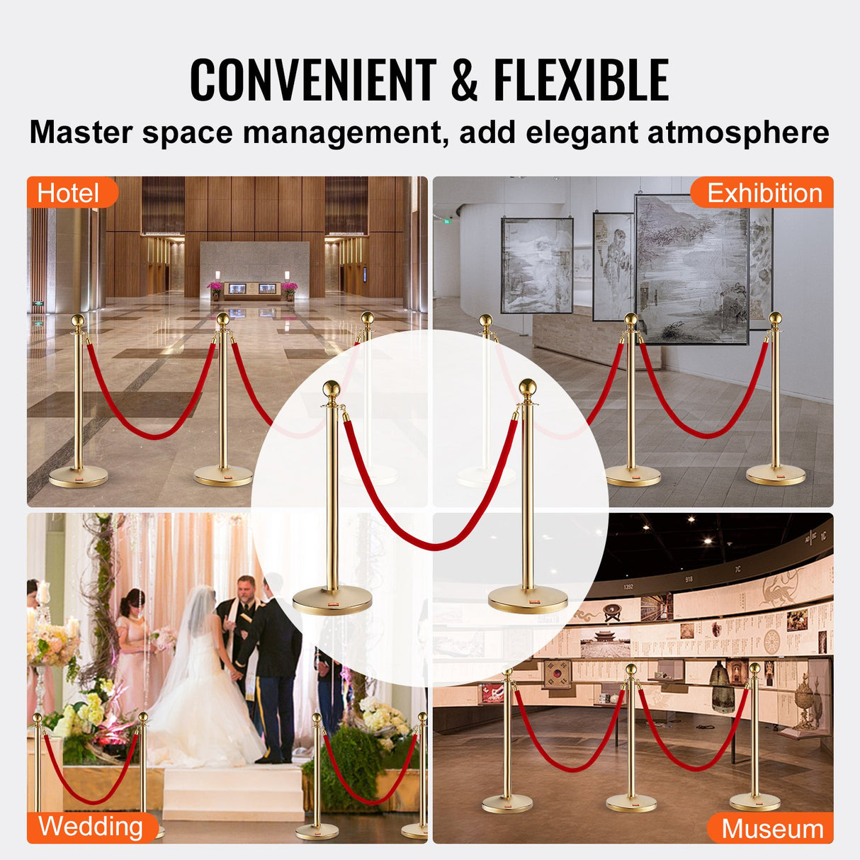 VEVOR Stanchion Post with Velvet Rope, 6-Pack Crowd Control Stanchion with 4PCS 5FT Red Velvet Ropes, Stainless Steel Queue Barrier Line Divider with