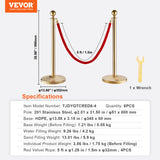 VEVOR Stanchion Post with Velvet Rope, 6-Pack Crowd Control Stanchion with 4PCS 5FT Red Velvet Ropes, Stainless Steel Queue Barrier Line Divider with Fillable Base & Ball Top for Wedding Museum Party - Rear View