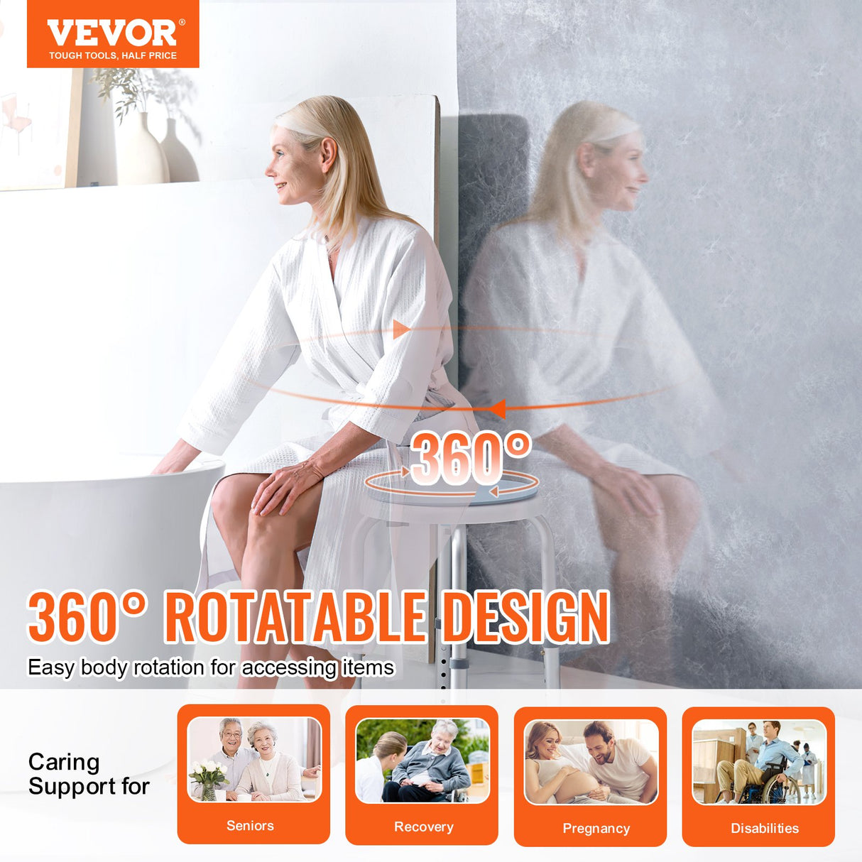 VEVOR Shower Chair 360 Degree Rotating, Adjustable Height Shower Stool Seat, Bath Chair for Inside Shower or Tub, Non-Slip Bench Bathtub Seat Stool for Elderly Disabled Handicap,  136.08kgs Capacity