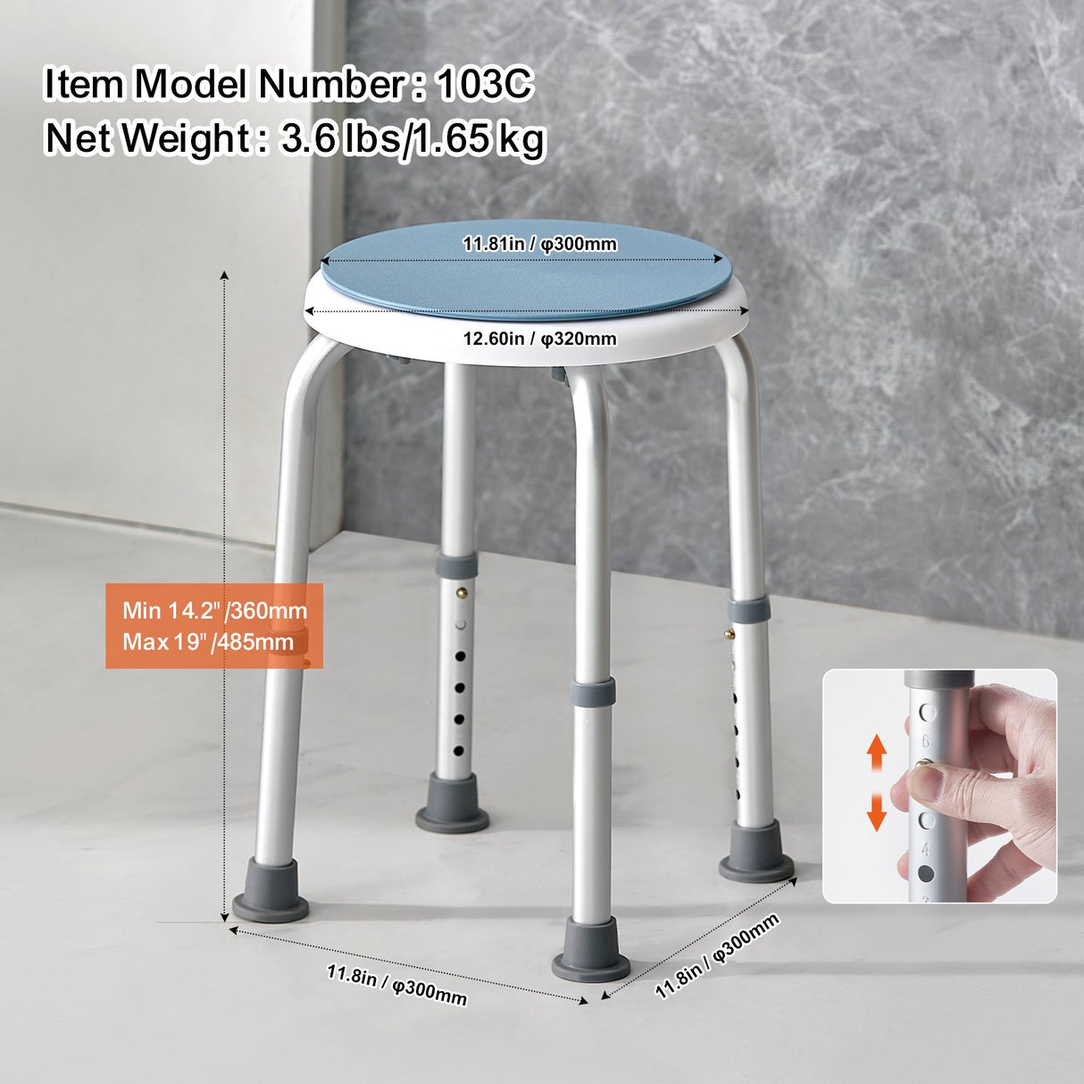 VEVOR Shower Chair 360 Degree Rotating, Adjustable Height Shower Stool Seat, Bath Chair for Inside Shower or Tub, Non-Slip Bench Bathtub Seat Stool for Elderly Disabled Handicap,  136.08kgs Capacity