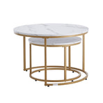 Nesting Coffee Table Set of 2, 700 mm Round Coffee Table, Nesting Tables for Small Place, Vintage End Side Tables Night Stand with Metal Frame, for Living Room, Bedroom, Office (White & Gold)