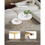 Nesting Coffee Table Set of 2, 700 mm Round Coffee Table, Nesting Tables for Small Place, Vintage End Side Tables Night Stand with Metal Frame, for Living Room, Bedroom, Office (White & Gold)
