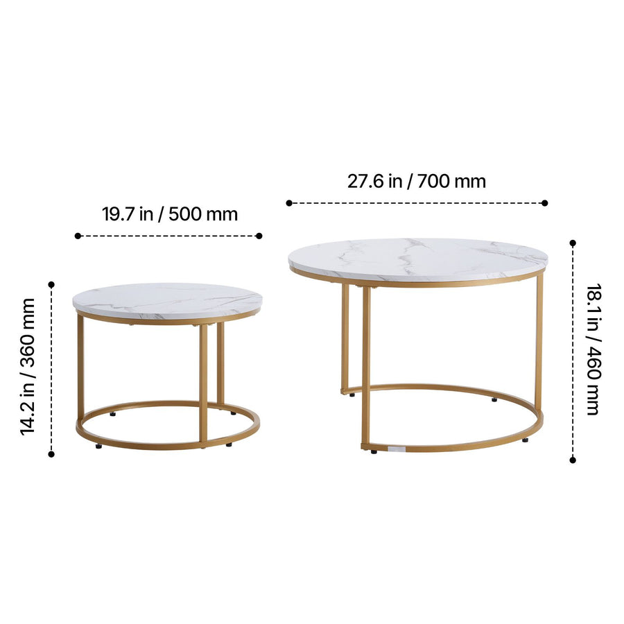 Nesting Coffee Table Set of 2, 700 mm Round Coffee Table, Nesting Tables for Small Place, Vintage End Side Tables Night Stand with Metal Frame, for Living Room, Bedroom, Office (White & Gold)