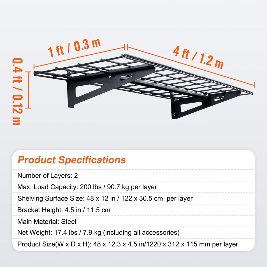 Garage Storage Shelving, 2 Pack, 48 x 12 in Heavy Duty Garage Shelves Wall Mounted, 400 lbs Load Capacity(Total) Garage Storage Rack Floating Shelves, Suitable for Shop, Shed, Garage Storage
