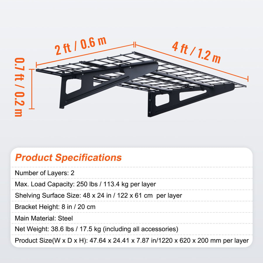 Garage Storage Shelving, 2 Pack, 183 x 61 cm Heavy Duty Garage Shelves Wall Mounted, 454 kg Load Capacity(Total) Garage Storage Rack Floating Shelves, Suitable for Shop, Shed, Garage Storage