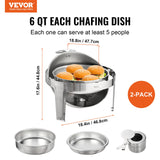 VEVOR Roll Top Chafing Dish Buffet Set, 5.5L 2 Pack, Stainless Steel Chafer with 2 Full Size Pans, Round Catering Warmer Server with Lid Water Pan Stand Fuel Holder, for at Least 5 People Each - Front View