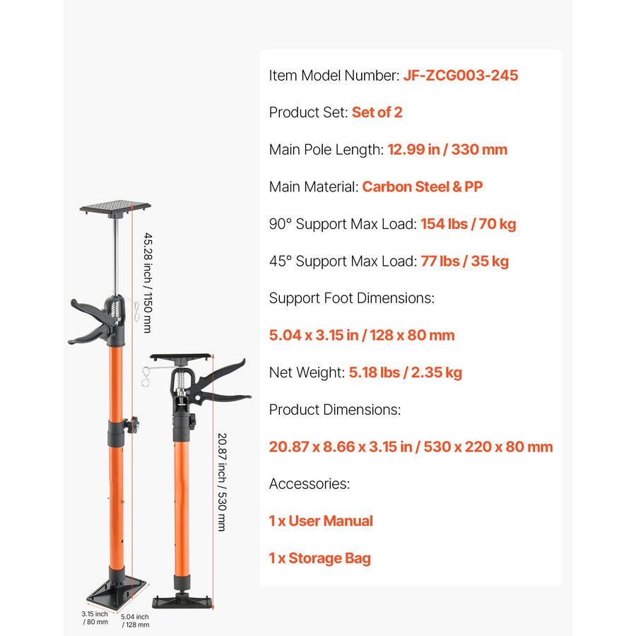 Cabinet Jack Support Pole, 2-Pack, 54-155 cm Steel Telescopic Quick Support Rod, Adjustable 3rd Hand System up to 70 kg Capacity for Installing Cabinets, Lifting Drywall, Cargo Bars