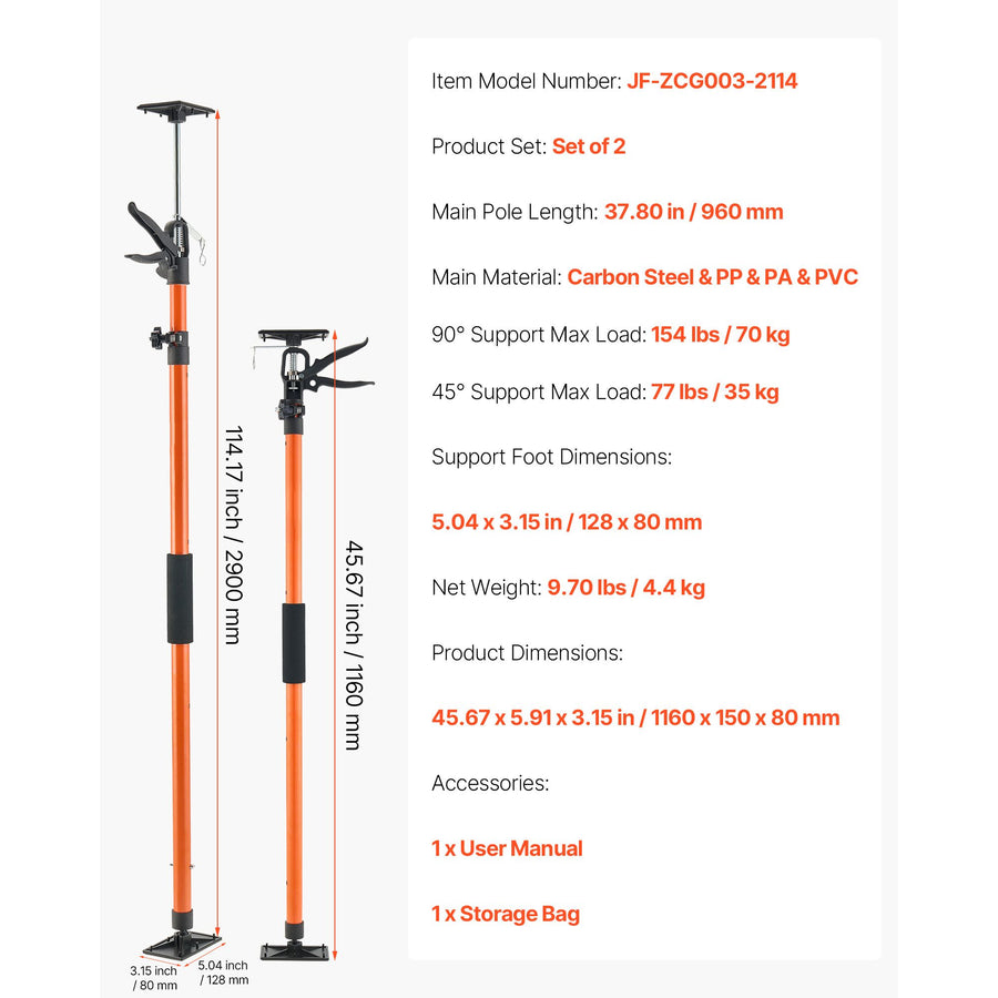 Cabinet Jack Support Pole, 2-Pack, 116-290 cm Steel Telescopic Quick Support Rod, Adjustable 3rd Hand System up to 70 kg Capacity for Installing Cabinets, Lifting Drywall, Cargo Bars
