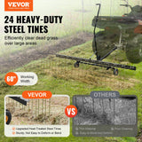 VEVOR Tow Behind Dethatcher, 1.5m Tow Dethatcher with 24 Steel Tines, Lawn Dethatcher Rake for ATV or Mower, Tow Behind Lawn Rake with Lift Handle for Leaves, Pine Needles, and Grass - Front View